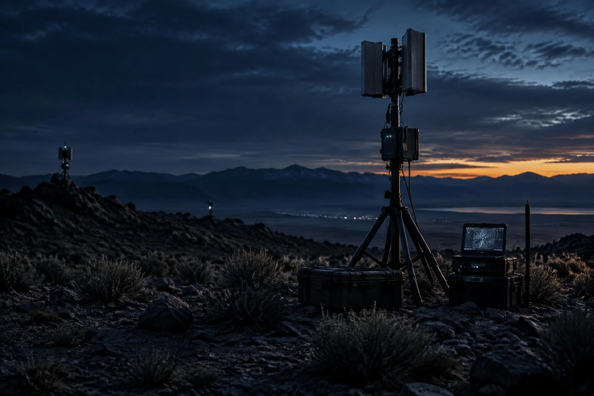Rugged EchoNet communications relay operating at a remote high-desert field site.